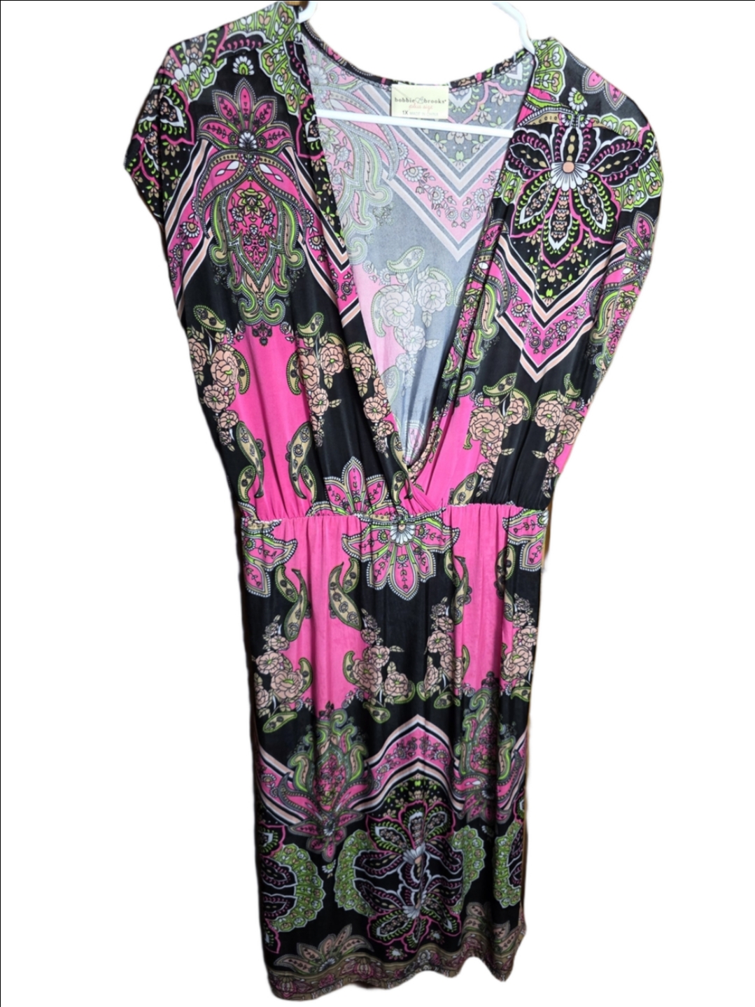 Bobbie Brooks Pink And Black Paisley-Print Midi Dress 1xl Plus Sized Retro Y2k